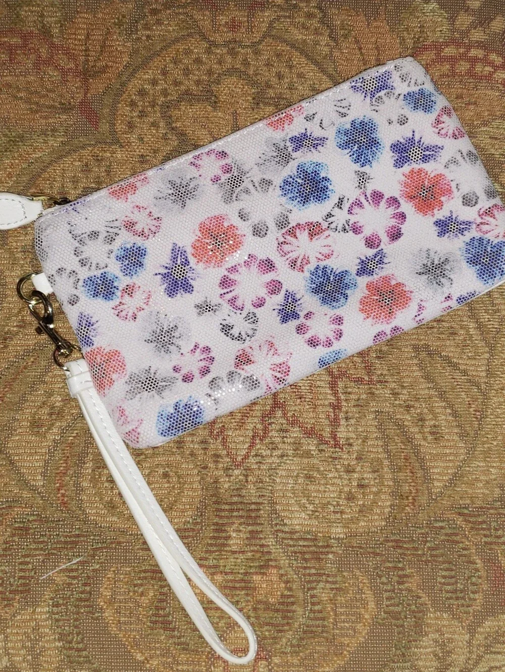 Befen White Leather Pouch With Colorful Floral Design